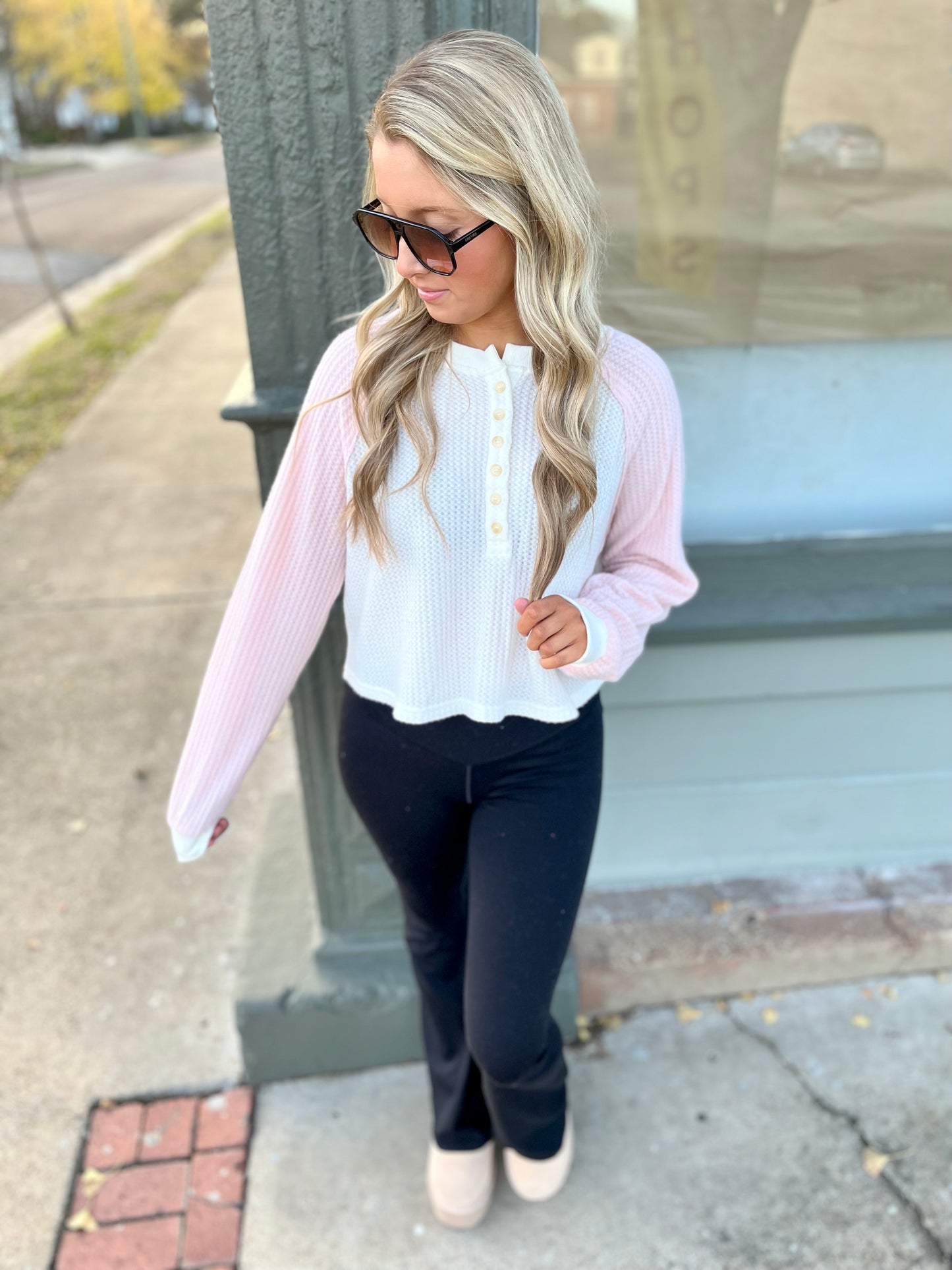 Color Block Henley Top- White/Pink