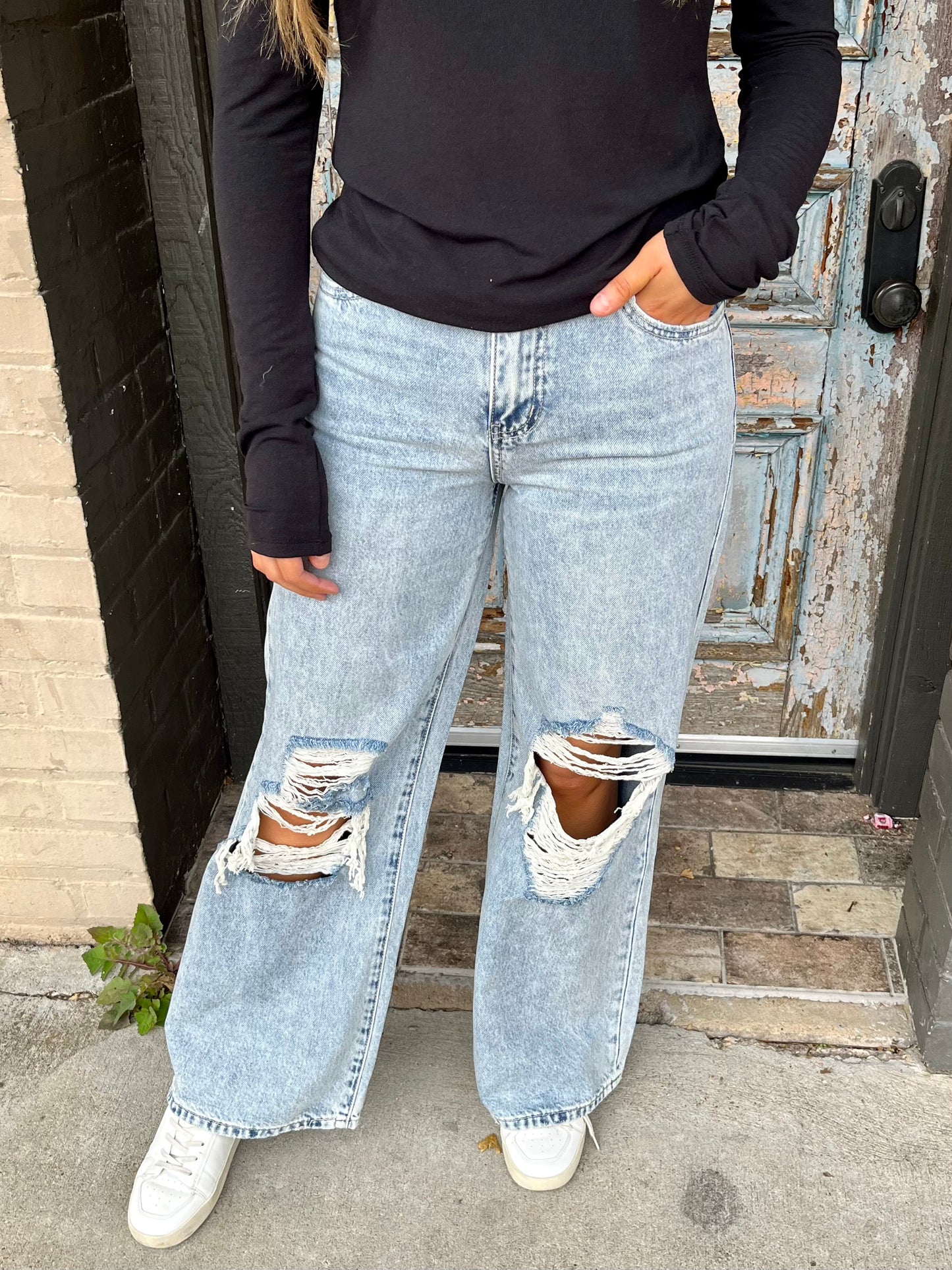 Vervet High Rise Distressed Wide Leg Denim