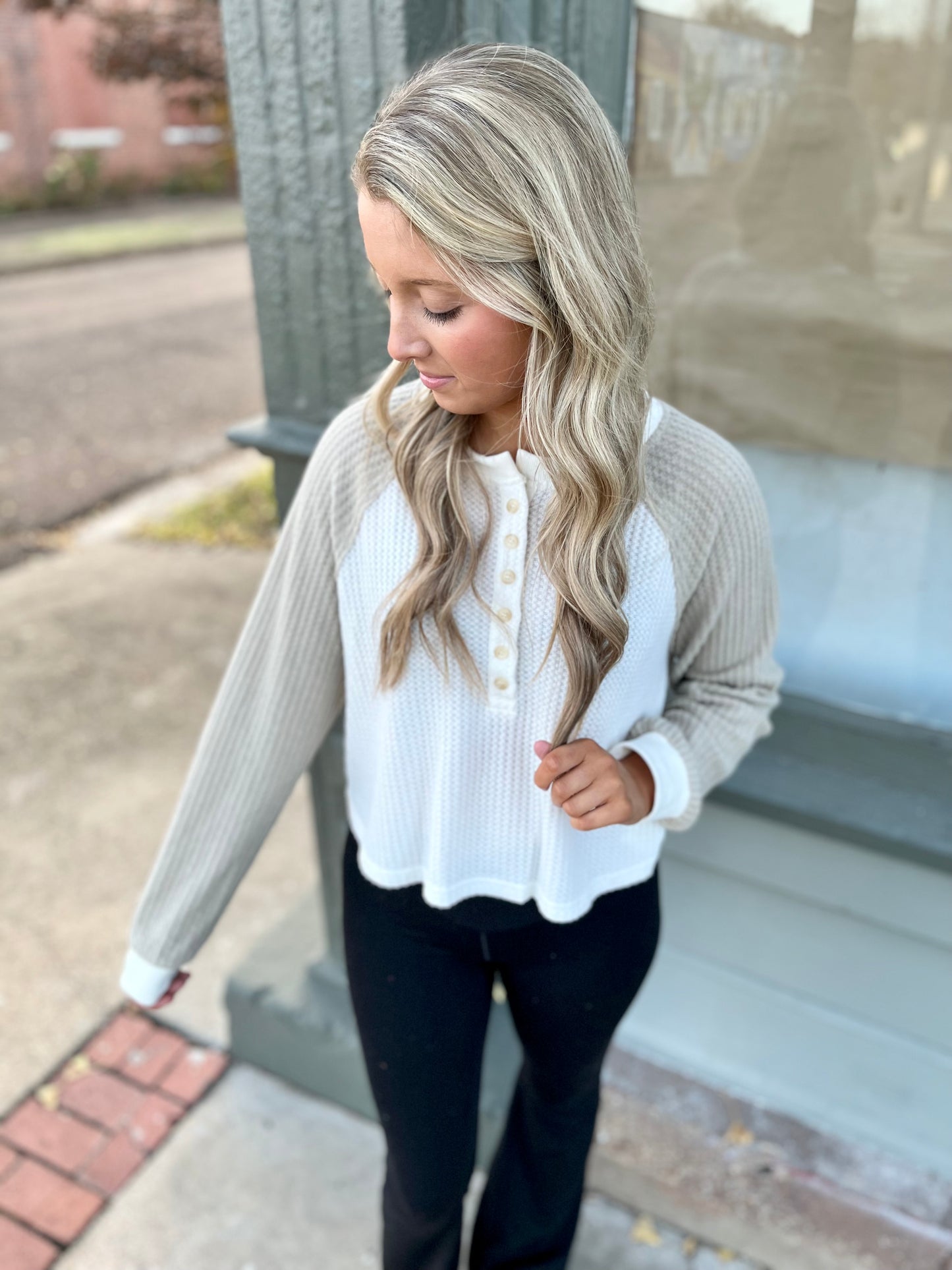 Color Block Henley Top- White/Sage