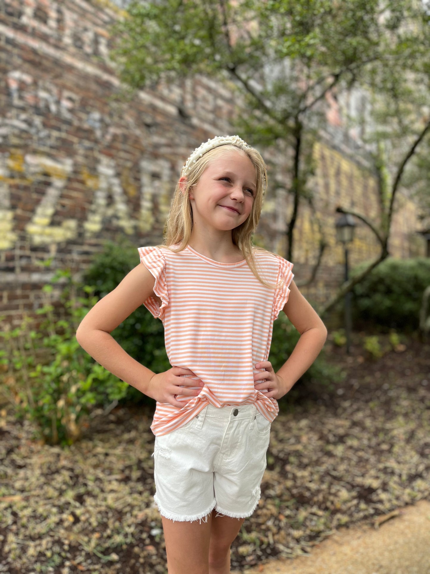 Girls Ruffle Striped Top- Coral