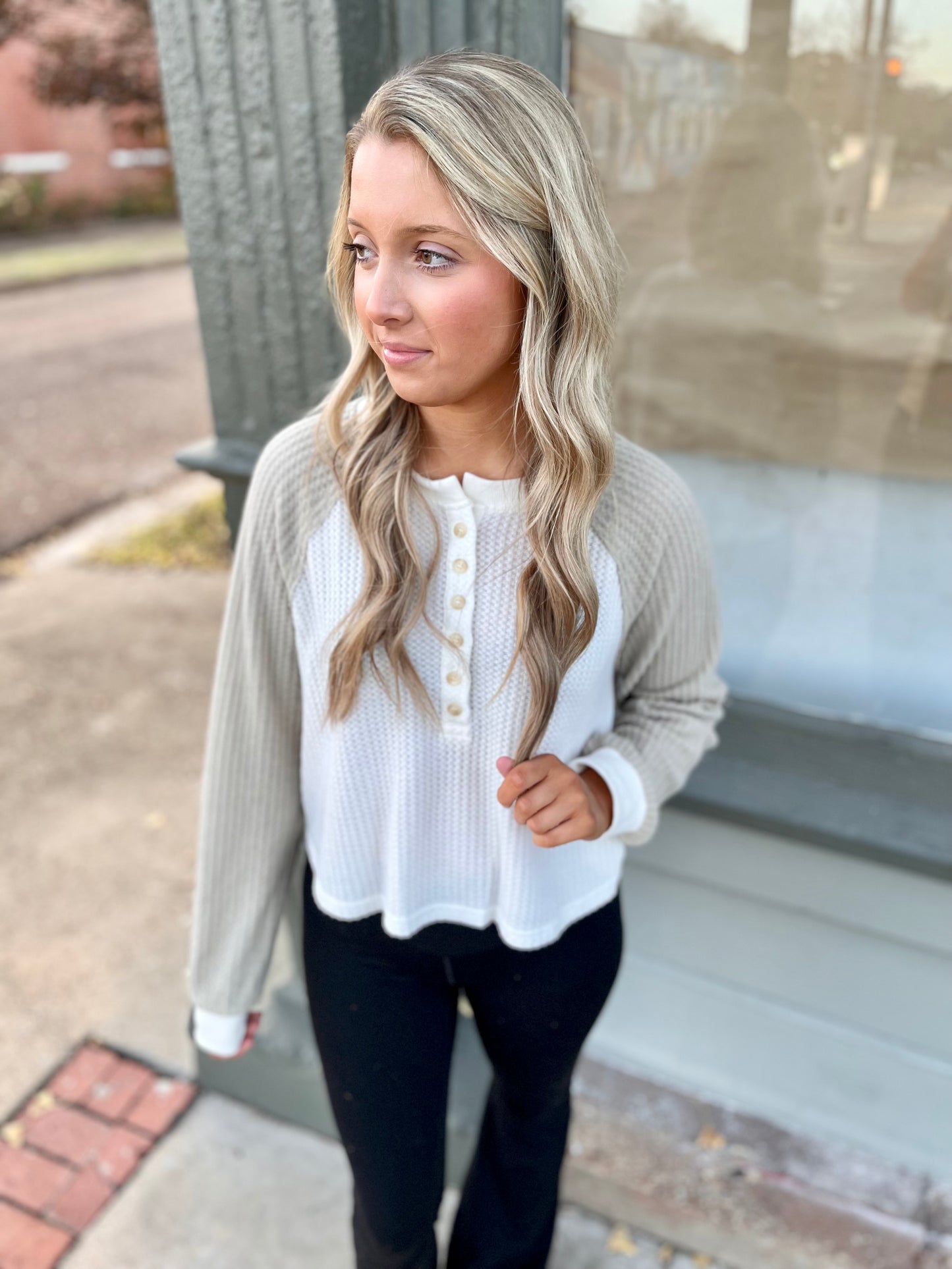 Color Block Henley Top- White/Sage