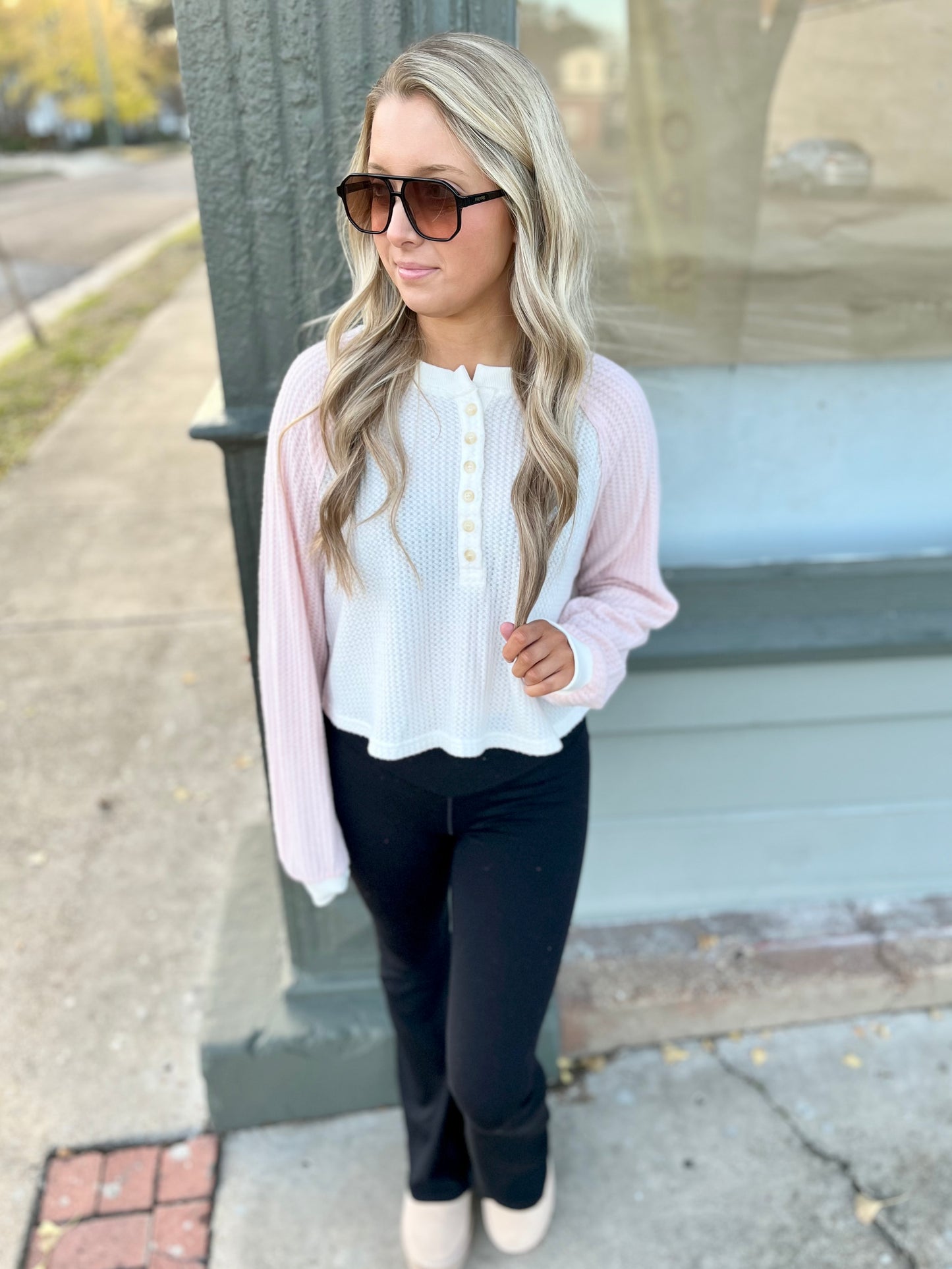 Color Block Henley Top- White/Pink