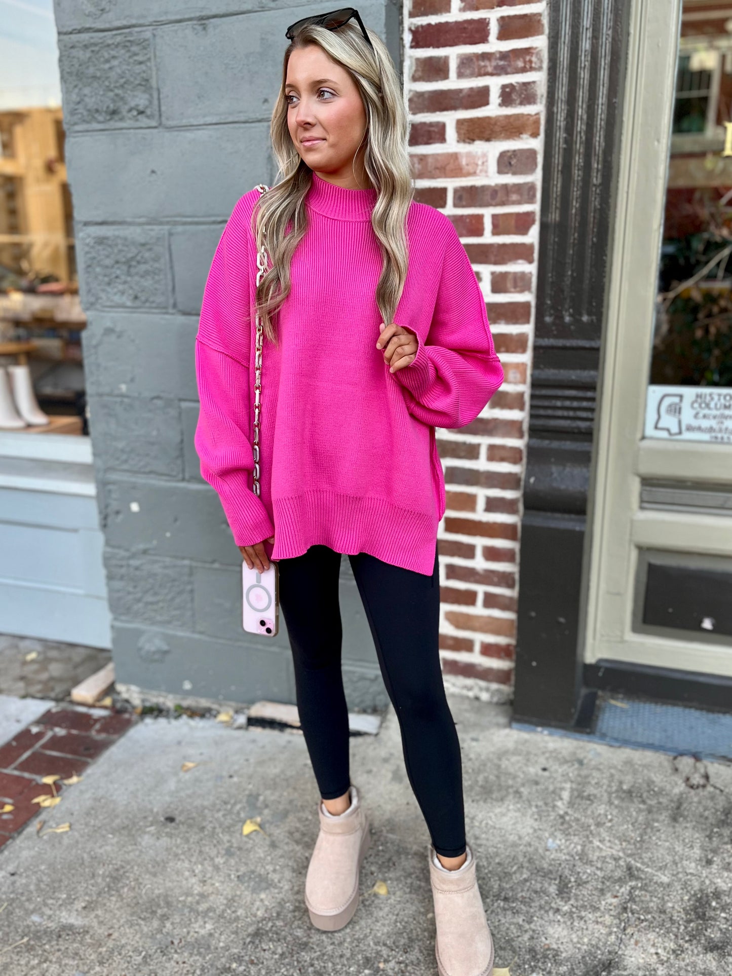 Oversized Side Slit Sweater- Fuchsia