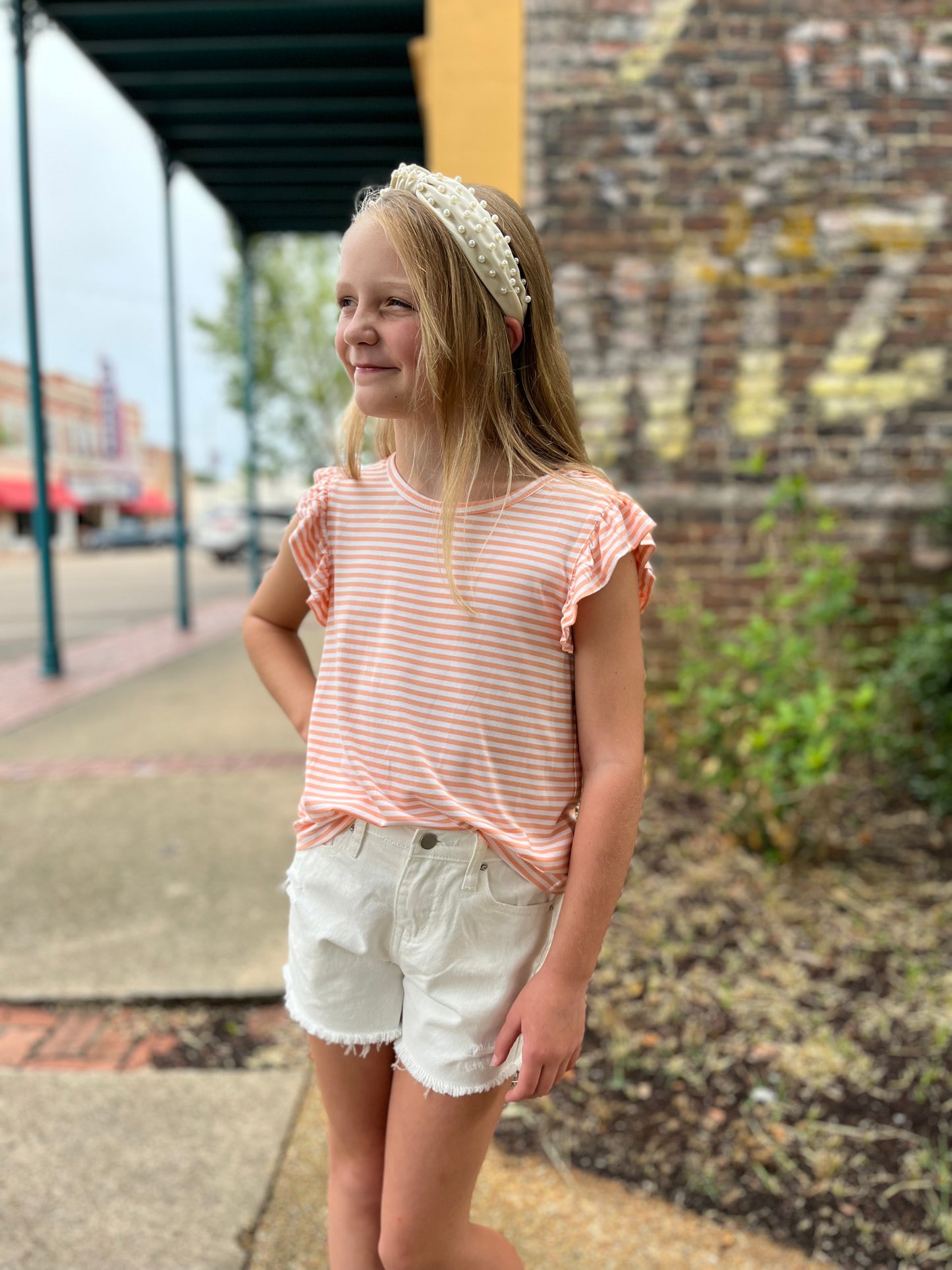 Girls Ruffle Striped Top- Coral