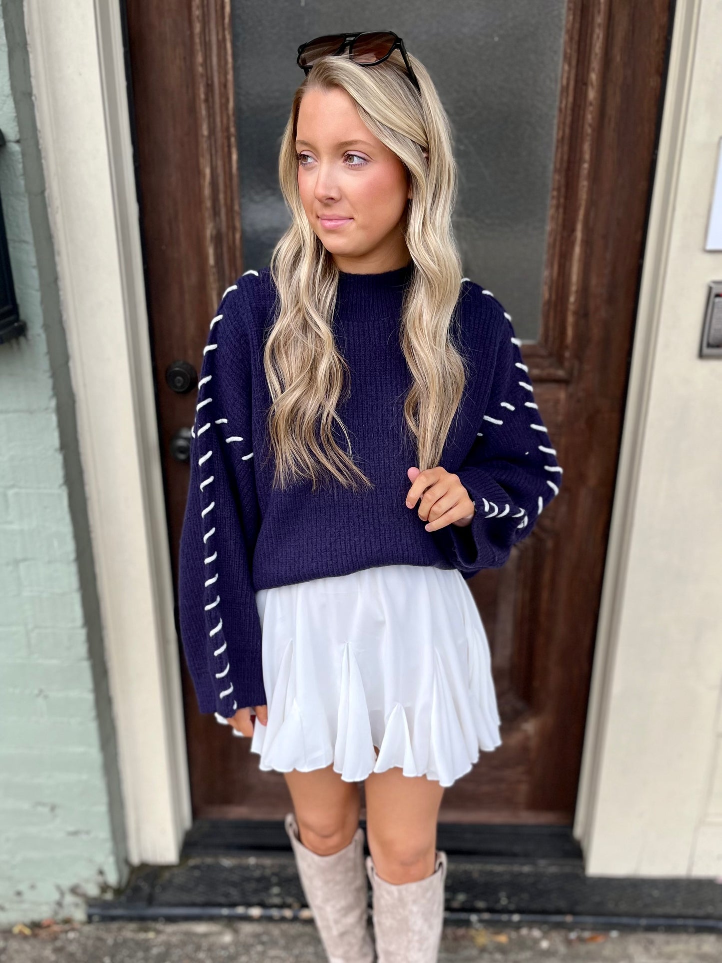 Navy + White Stitch Sweater