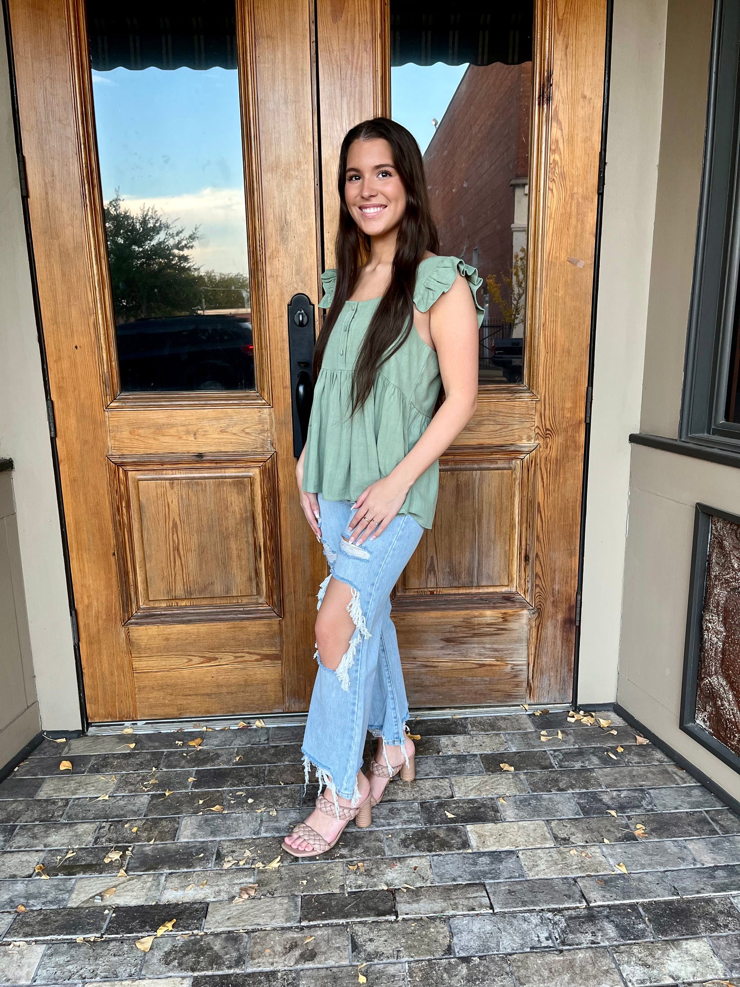 Flutter Sleeve Babydoll Top- Olive