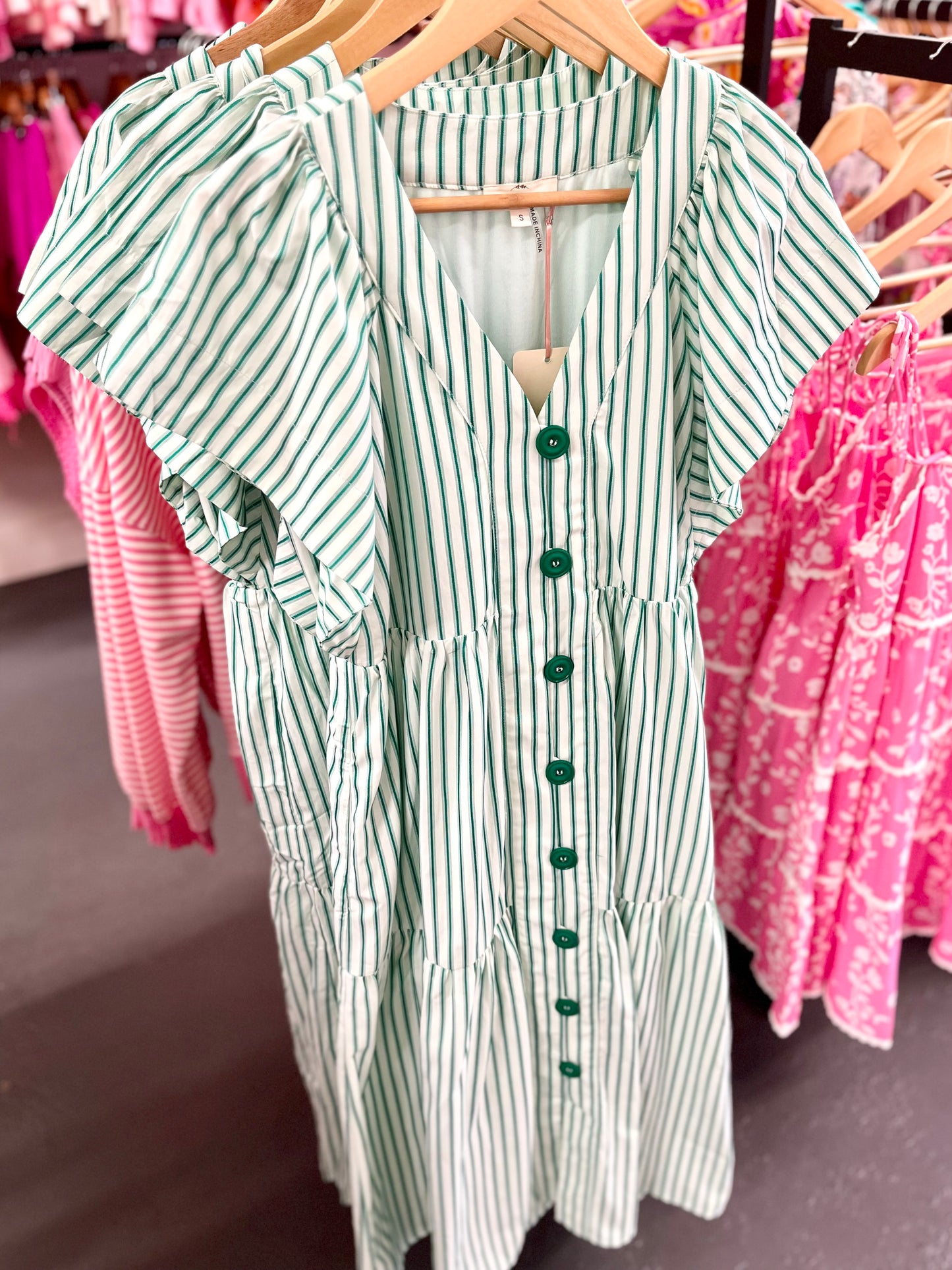 Button Up Midi Dress- Green Stripe