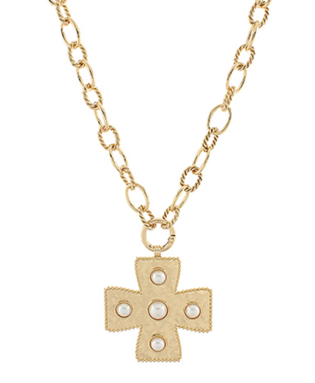 Large Pearl Detailed Gold Cross Necklace