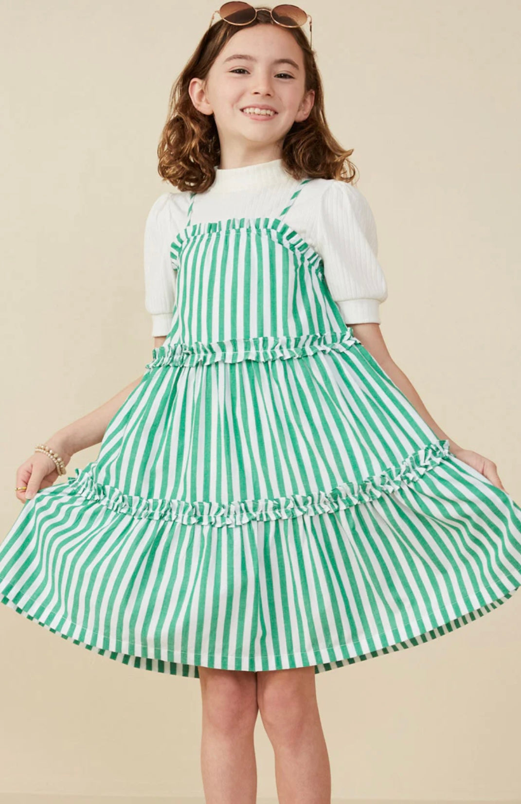Girls Ruffle Trimmed Poplin Stripe Dress- Green