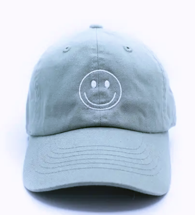 Kids Embroidered Smiley Face Hat- Dusty Sage