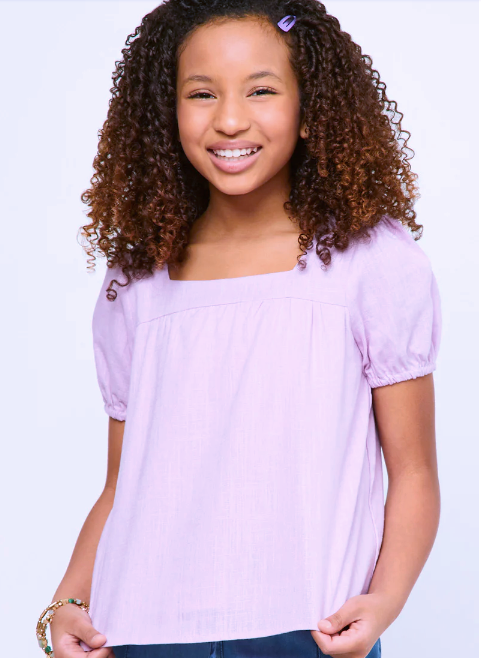 Girls Linen Puff Sleeve Top- Lavender