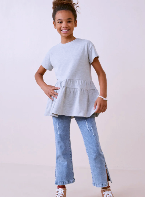 Girls SS French Terry Peplum- Heather Grey