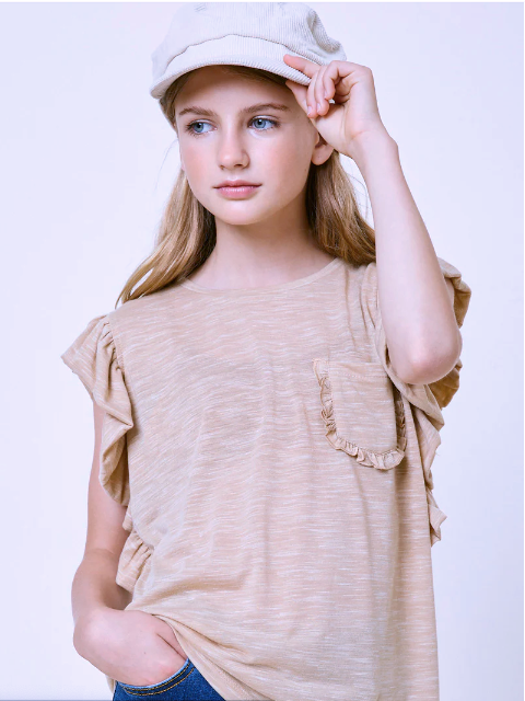 Girls Heathered Ruffle Pocked Tee- Beige