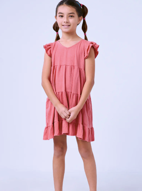 Girls V Neck Flutter Sleeve Dress- Pink