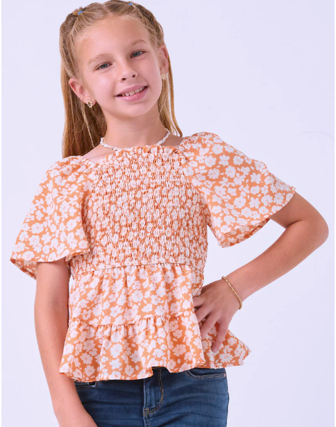 Girls Bell Sleeve Floral Smocked Top- Apricot