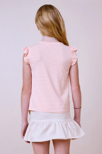 Girls Ruffle Striped Top- Coral
