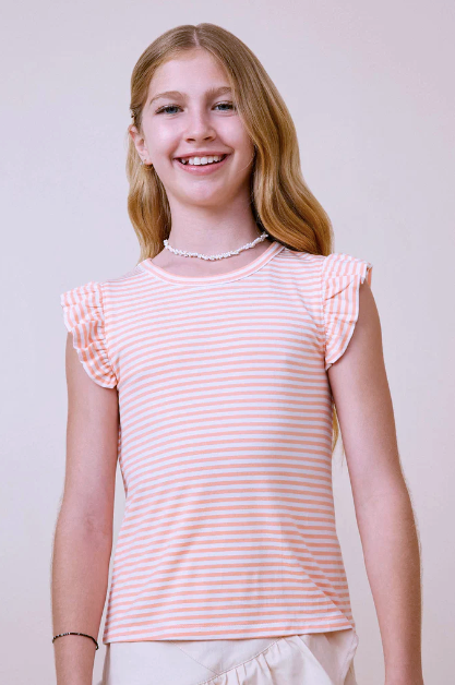 Girls Ruffle Striped Top- Coral