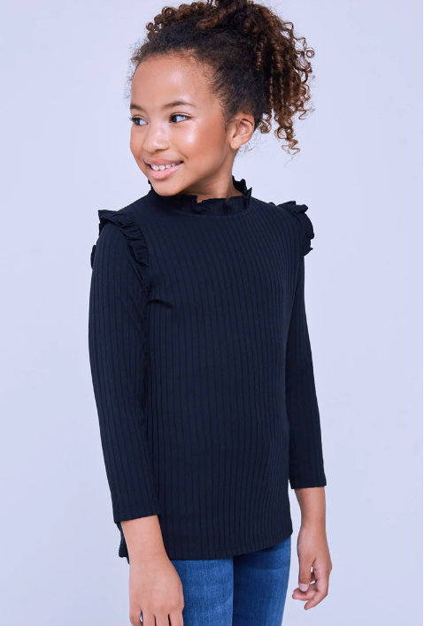 Girls Ribbed Long Sleeve Ruffle Mock Neck Top- Black