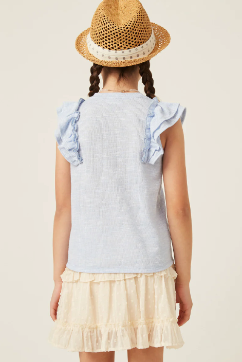 Girls Ruffle Ribbed Top- Blue