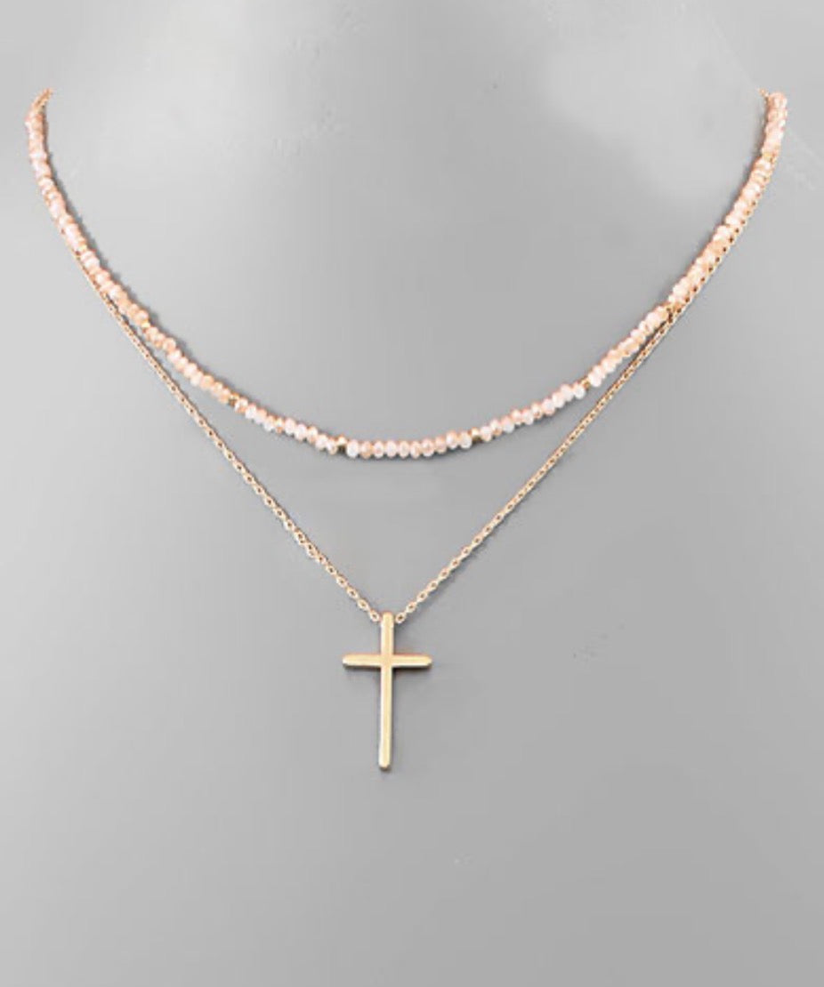Cross & Bead Layered Necklace- 4 Colors