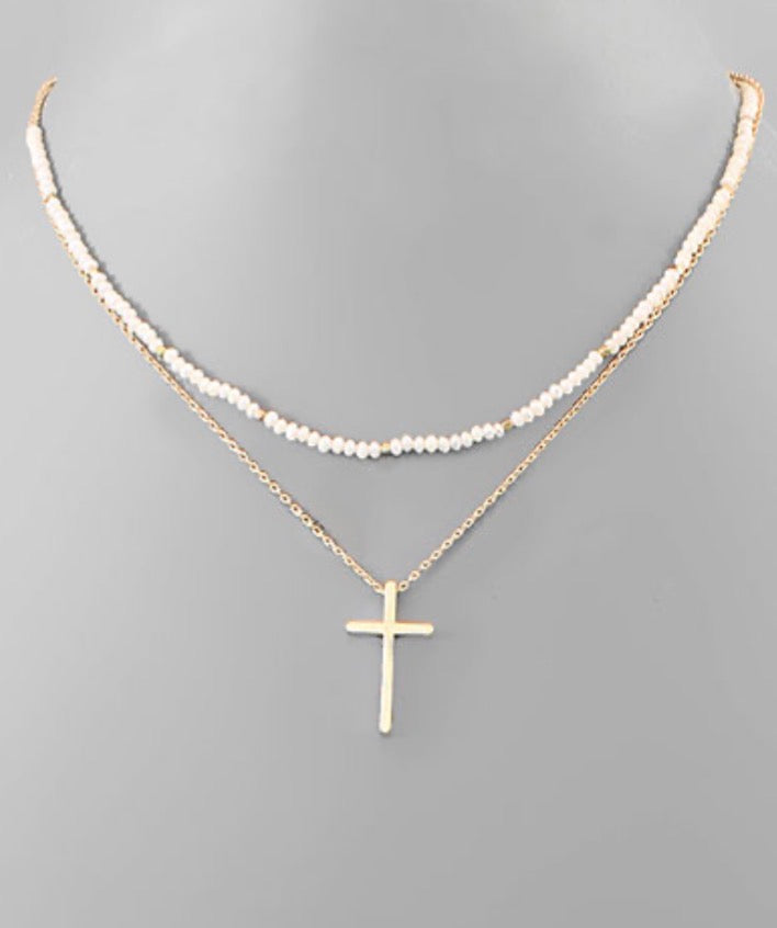 Cross & Bead Layered Necklace- 4 Colors