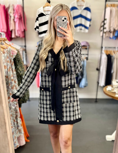 Black Houndstooth Tweed Shift Dress