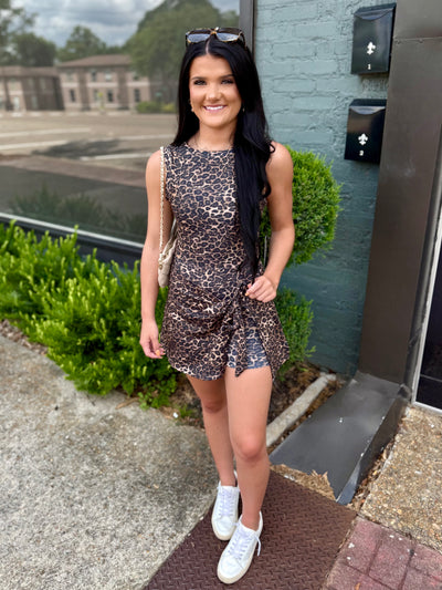 Front Tie Wrap Dress- Leopard