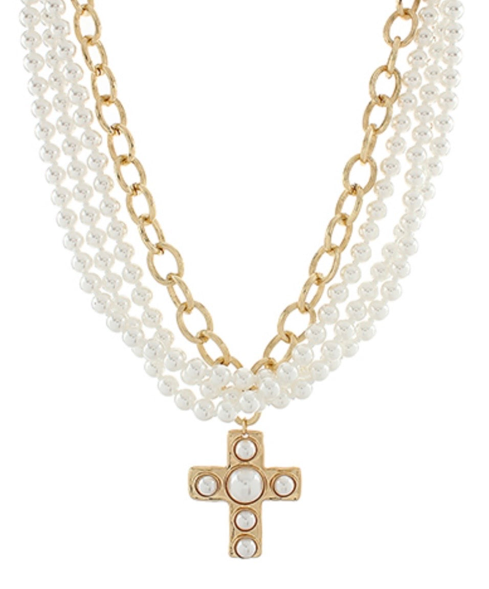 4 Layered Pearl + Cross Necklace