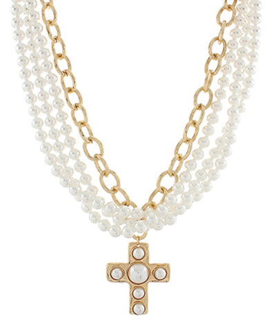 4 Layered Pearl + Cross Necklace