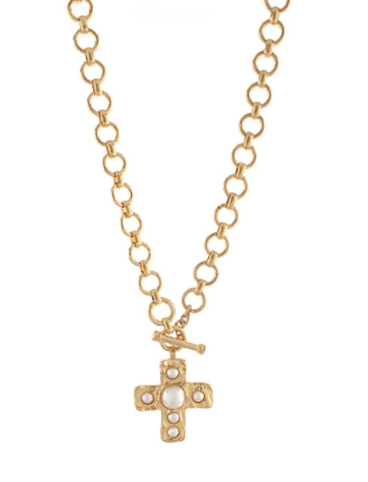 Gold Toggle Pearl Cross Necklace