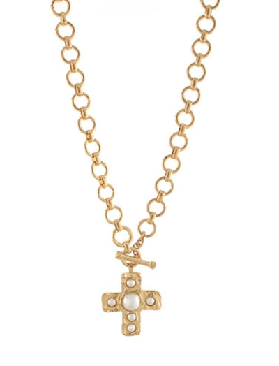 Gold Toggle Pearl Cross Necklace
