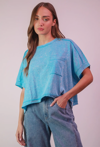 Mineral Washed Oversized Crop Tee- Aqua