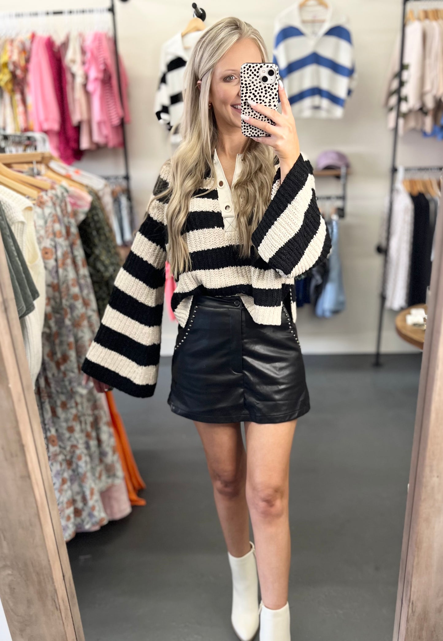 Black Cream Striped Bell Sleeve Top