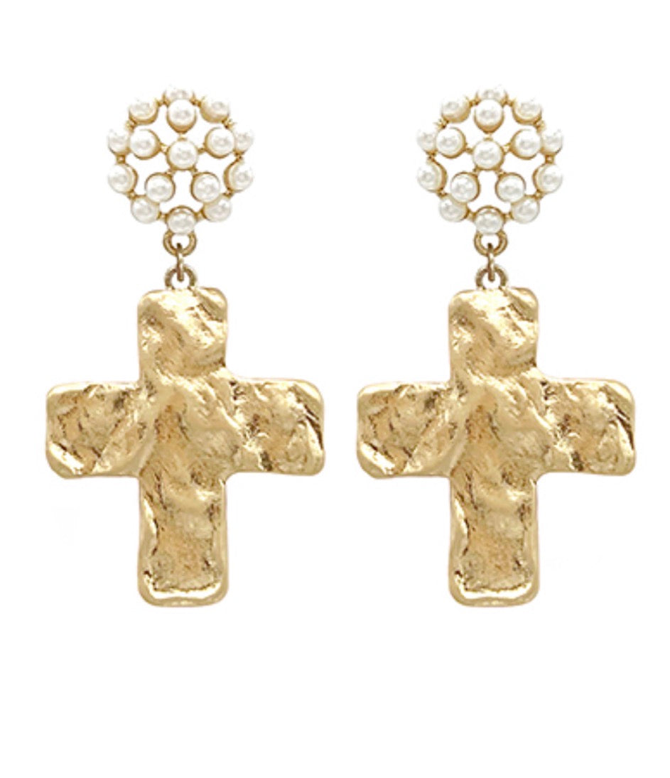 Chunky Cross + Pearl Earrings
