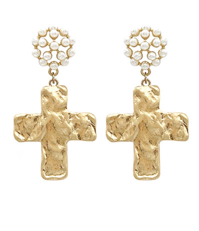 Chunky Cross + Pearl Earrings
