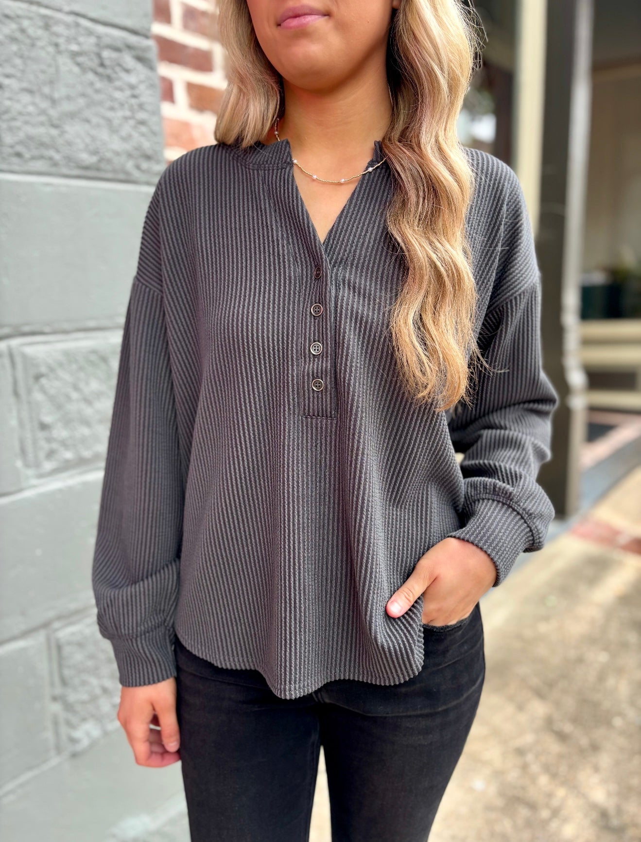 Henley L/S Top- Charcoal