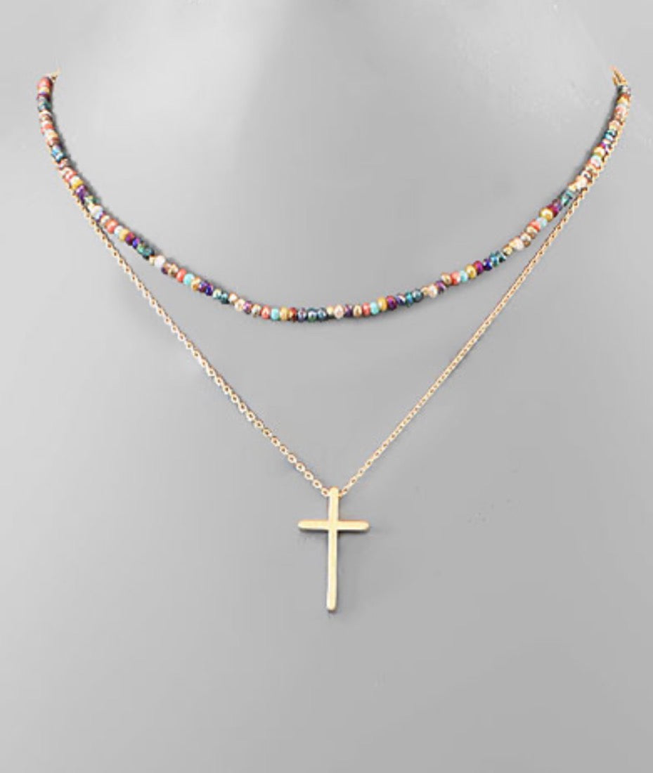 Cross & Bead Layered Necklace- 4 Colors