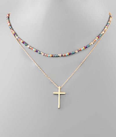 Cross & Bead Layered Necklace- 4 Colors