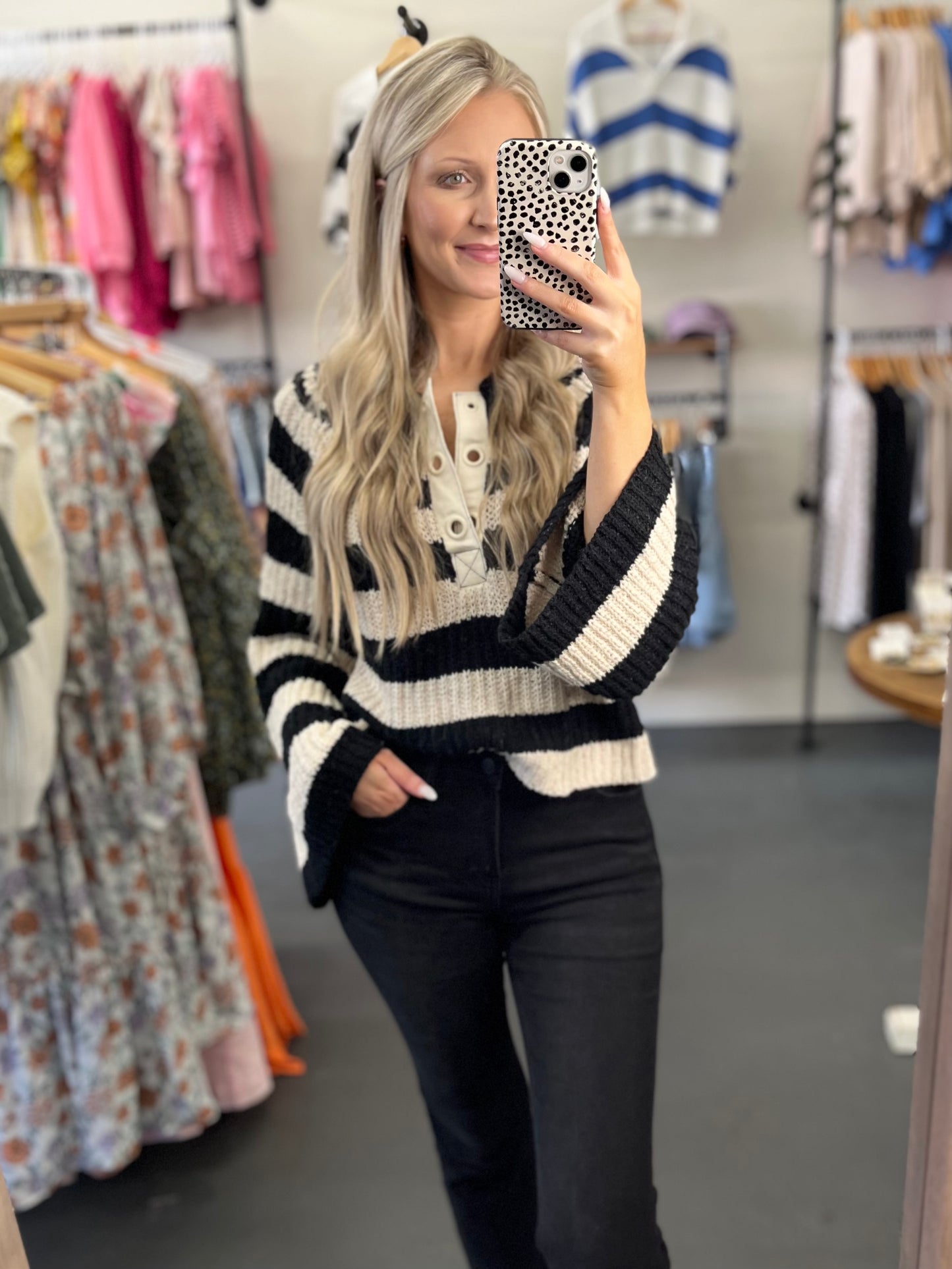 Black Cream Striped Bell Sleeve Top