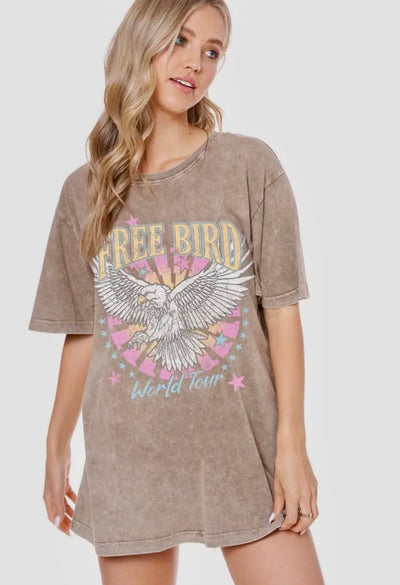 Free Bird Oversized Graphic Tee- Mocha