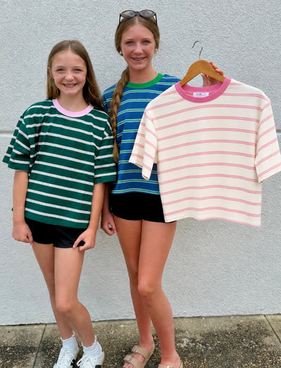 Stripe Boxy Tee- Ivory/Pink ￼