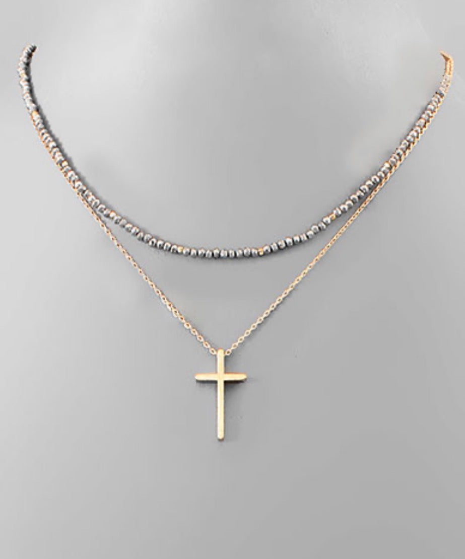 Cross & Bead Layered Necklace- 4 Colors