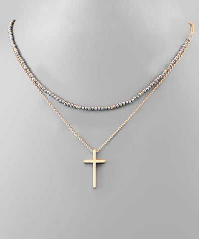 Cross & Bead Layered Necklace- 4 Colors