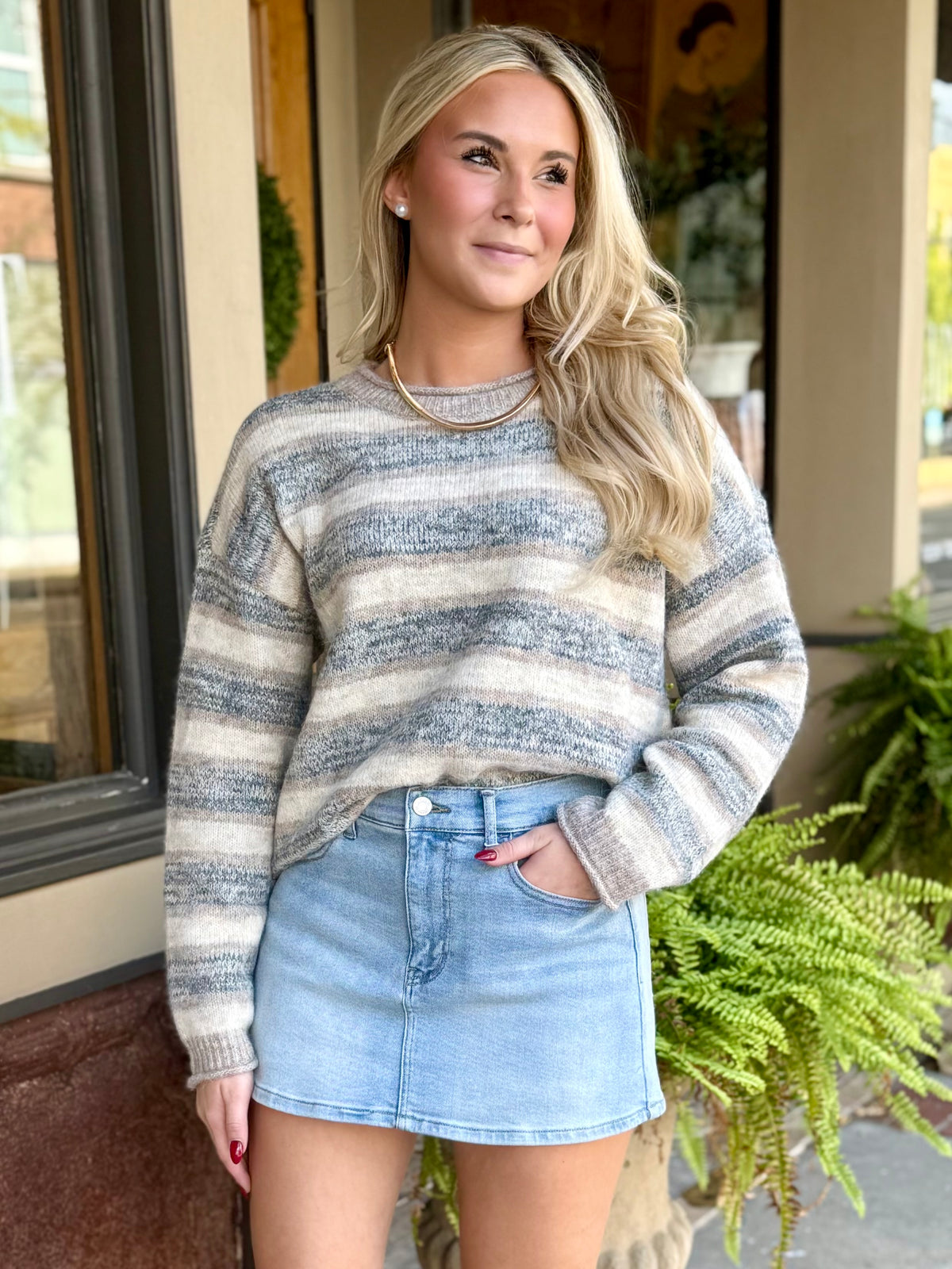 Heather Stripe Sweater- Light Mocha