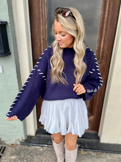 Navy + White Stitch Sweater