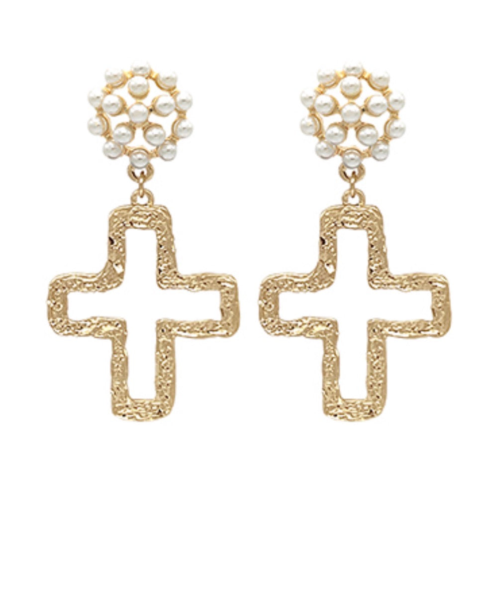 Cutout Cross & Pearl Earrings