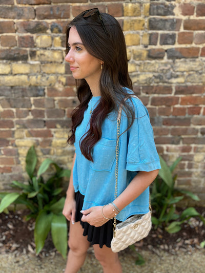 Mineral Washed Oversized Crop Tee- Aqua