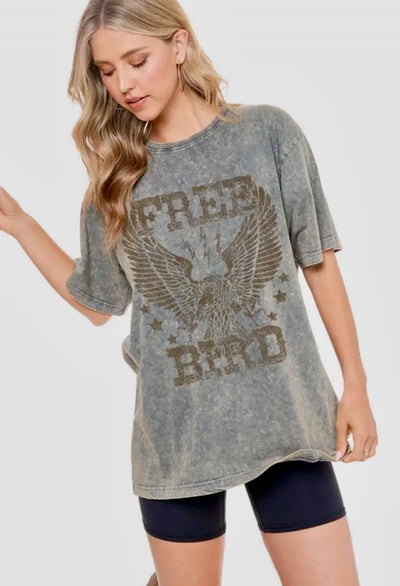 Free Bird Oversized Graphic Tee- Denim