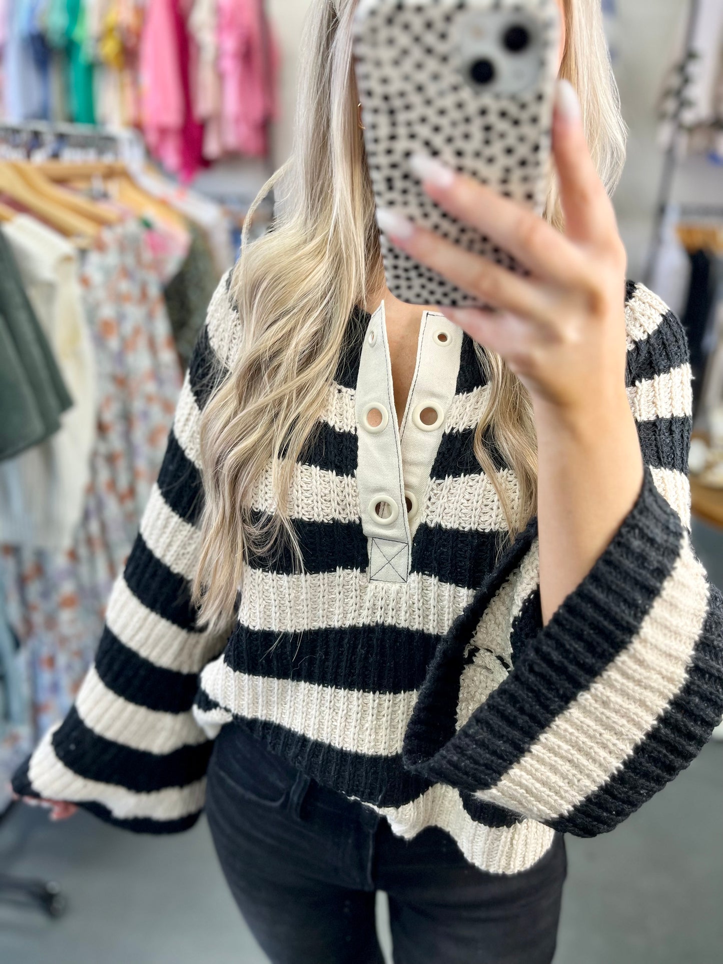 Black Cream Striped Bell Sleeve Top