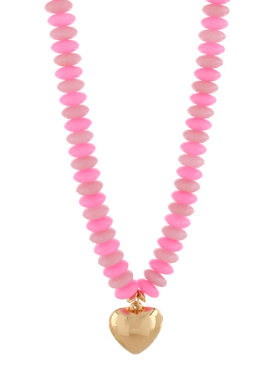 Beaded Heart Necklace- Pink